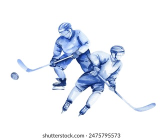 two hockey players with sticks in motion with a puck, hand drawn watercolor sketch of ice sport theme, illustration on white background, for hockey decoration - Powered by Shutterstock