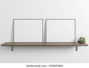 Two Horizontal Metal Frame Mockup. Double Metal Frame Poster On A Wooden Shelf With White Wall And Plants. 3D Illustrations