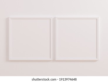 Two Horizontal Square White Frame Mockup On White Clean Background. White Frame Poster On A White Wallpaper. 3D Illustration.