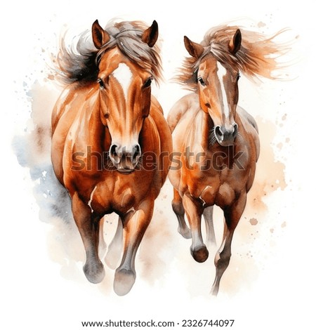 Two horses run gallop from a splash of watercolor, hand drawn sketch. illustration of watercolor paints