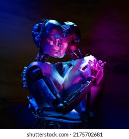 Two hugging robots, dark background. 3D rendering