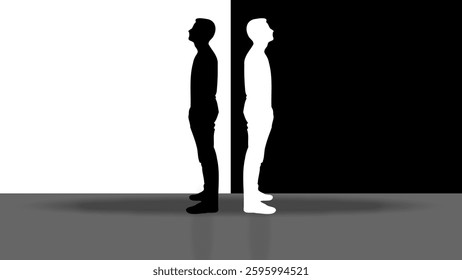Two human figures positioned in a mirror image 