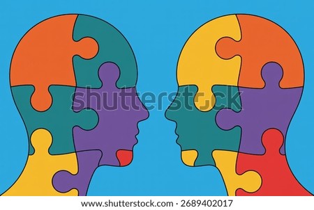 Two human head profiles made of puzzle pieces face each other.