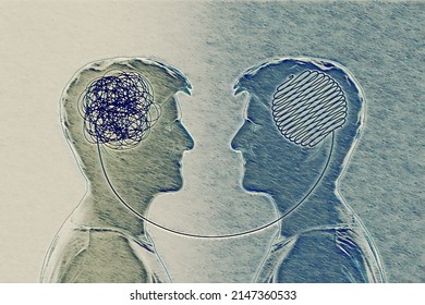 Two Humans Head Silhouette Psycho Therapy Concept. Therapist And Patient. Illustration For Psychologist Blog Or Social Media Post.