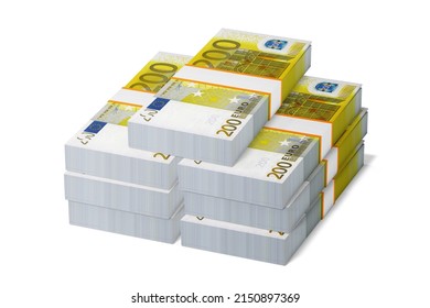 Two Hundred Euro bills on white 3d rendering. Creative business finance making money concept or stack of bundles of new design 200 Euro.