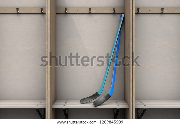 Two ice hockey\
sticks in a wooden cubicle with a bench and hangers in a sports\
locker change room - 3D\
render