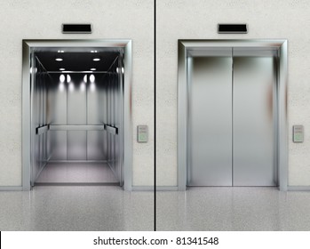 Two images of a modern elevator showing open and closed stainless steel doors in a contemporary interior setting, 3D illustration.