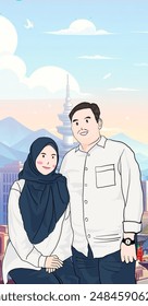 Two individuals, their faces pixelated, stand in front of a scenic backdrop featuring a tall tower resembling Seoul Tower. The cityscape below is bathed in blue sky with clouds and birds.