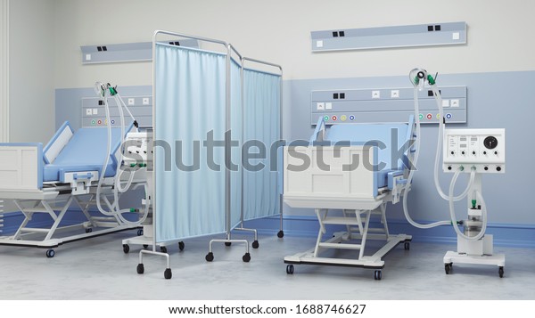 two intensive care beds with ventilators for\
Covid-19 patients in a double room of a clinic for a coronavirus\
pandemic (3D\
Rendering)