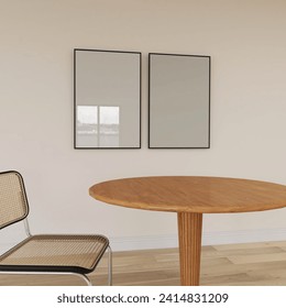 two interior frames in Scandinavian dining room. empty posters on white wall with wood table. 3D illustration