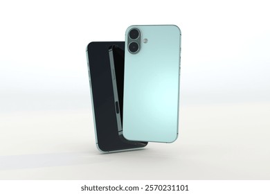 Two iPhone 16 green New smartphone mockup display with two cameras