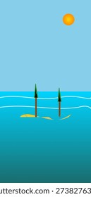 Two Isolated Evergreen Trees Standing Resiliently Amidst the Vast Calm Blue Depths of a Surreal Ocean