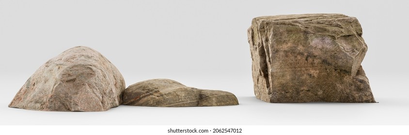 Two Isolated Realistic Rocks In White Studio, 3d Rendering, No People