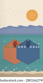 Two isometric hexagonal islands float side by side on a calm teal sea, one bathed in warm autumn hues with a red tree and green pines while its twin rests in cool winter blues with snow-capped evergreens, all set beneath a soft sky with a glowing sun and a flock of stylized birds.