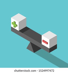 Two Isometric White Cubes With Green Plus And Red Minus Signs On Weight Scale. Balance, Positive, Negative, Pros And Cons Concept. Flat Design. 3d Illustration. Raster Copy