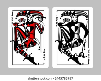 Two Joker playing cards in vintage engraving style in black, red and white colors