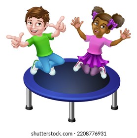 Two Kids Or Children Jumping On A Round Cartoon Trampoline