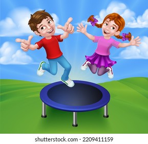 Two Kids Or Children Jumping On A Round Cartoon Trampoline