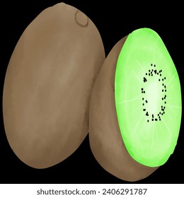 Two kiwis are placed next to each other and one is cut.