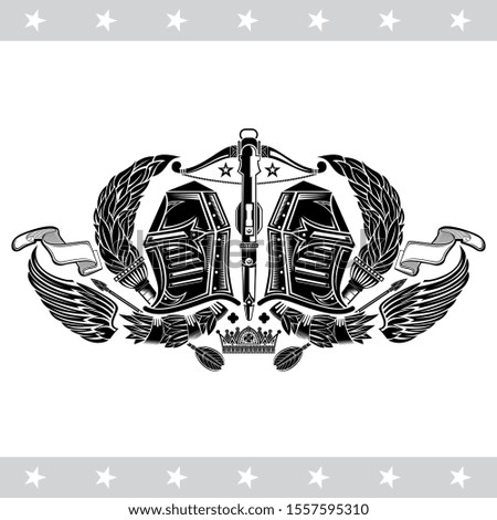 Two knight helmets between torches and wings with crossbow in center. Heraldic vintage label on white