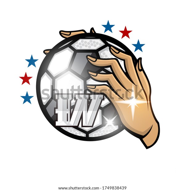 白い背景に2人の女性の手がサッカーボールと文字wを持ち 女性のチームや競技会で使用するスポーツのロゴ のイラスト素材