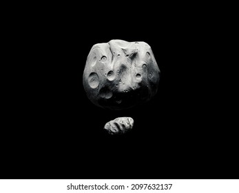 Two Large Asteroids With Craters In Space, Asteroid With Satellite. Celestial Body Capable Of Destroying An Entire Planet 3d Illustration. 