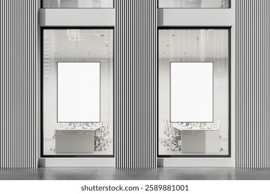 Two large blank posters on glass windows of a modern office building with vertical panel design. Bright indoor office space visible through the glass. Advertising concept. 3D Rendering.