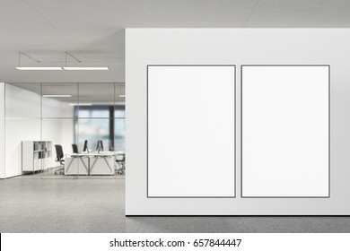 Two Large Blank Vertical Posters On The Wall In Modern Office With Clipping Path Around Poster. 3d Illustration