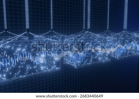 Two large shipping containers on blue background with financial growth graphs..
