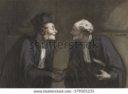 Two Lawyers Shake Hands, by Honore Daumier, c. 1840-60, French drawing with watercolor paint.