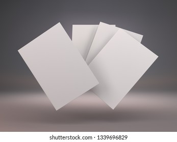 Two Leaf Folded Blank Flyer, Leaflet Or Brochure. Fan Of White Cards. 3D Render