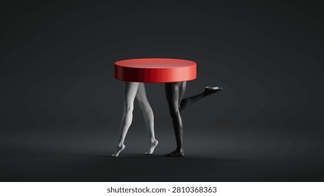 Two legs support a red circular platform against a dark background. 3D artwork featuring a surreal abstract sculpture and theatrical atmosphere.