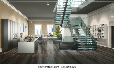 Two level interior with kitchen and stairs
