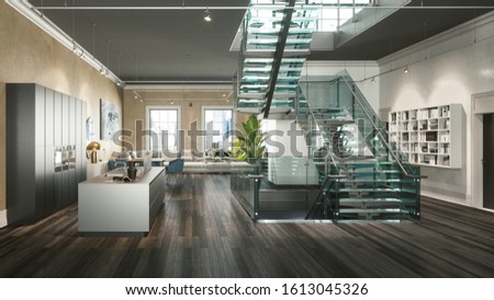 Two level interior with kitchen and stairs