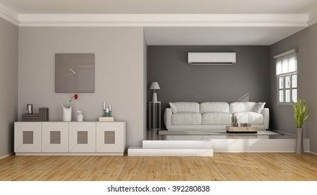 Two levels modern living room with sofa , sideboard and air conditioner- 3D Rendering