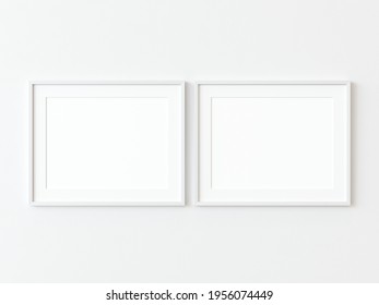 Two light wood thin rectangular horizontal frame hanging on a white textured wall mockup, Flat lay, top view, 3D illustration