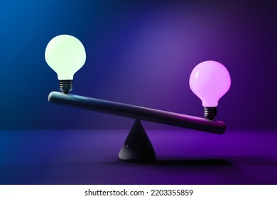 Two Lightbulbs On A Seesaw - 3D Render