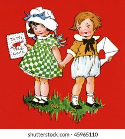 Two little Children giving each other a Valentine greeting - a circa 1915 vintage Valentine greeting card illustration