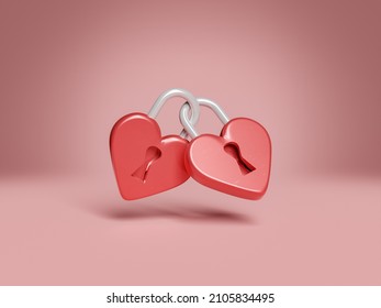 Two Locked Together Heart Shaped Red Padlocks . Concept Of Valentine, Love, Anniversary And Fidelity. 3d Rendering