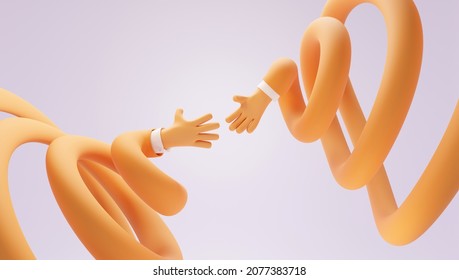 Two Long Cartoon Hands In Funny Swirl Reaching To Each Other, 3d Render. Greeting Gesture Or Business Handshake, Teamwork Together. Flexible Orange Arms On Purple Background, Concept Partnership