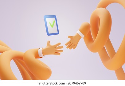 Two Long Cartoon Hands Reaching To Each Other For Handshake, 3d Render. Tick On Paper And Business Arms In Orange Sleeve Isolated On Purple Background. Concept Cooperation, Partnership Or Teamwork