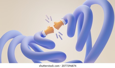 Two Long Cartoon Hands In Shape Spiral Fist Bump. Greeting Gesture, Together Punching Each Other Or Handshake. Boneless Elastic Arms In Blue Sleeve On Beige Background, 3d Render Illustration