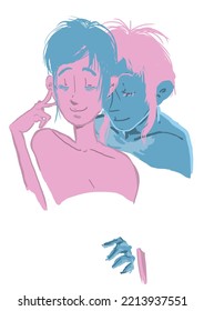 Two Lovers In Pink And Blue. Cartoon Lovers Who Hug Eachother With Closed Eyes. Man Woman Non Binary