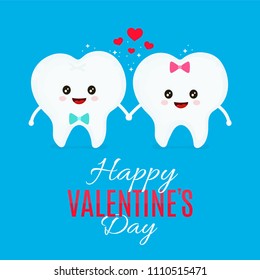 Two loving teeth.  flat cartoon illustration character icon design. Isolated on white background.Valentine's Day lovers, card,tooth concept