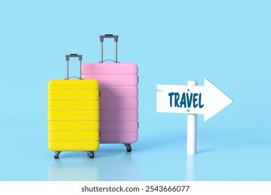 Two luggage suitcases are standing near wooden signpost pointing right with the inscription travel on blue background. 3d render. - Powered by Shutterstock