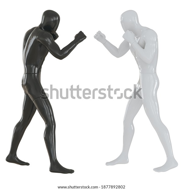 Two male mannequins\
black and white in a fighting stance on an isolated background.\
Side view. 3d\
rendering