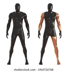 Two male mannequins, one completely black and the other black with gold details, stand against a white background. Front view. 3d rendering