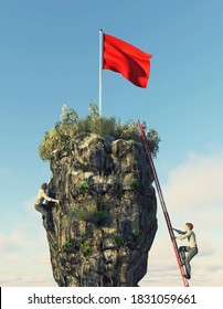 Two Man Climbing On A Rock To A Red Flag . Work Smart Not Hard Concept . This Is A 3d Render Illustration . 