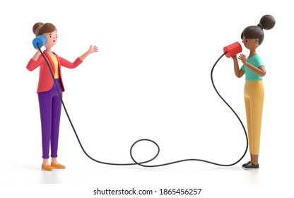 Two man communicating to each other using tin can phone.  communication and technology concept. 3d rendering,conceptual image.