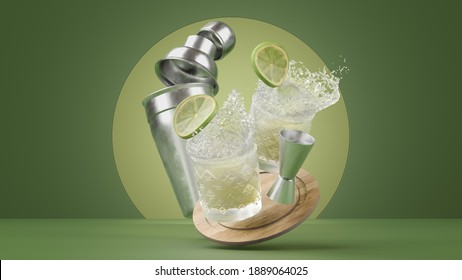 Two Margaritas Splash Center Frame During Happy Hour
3D Rendering